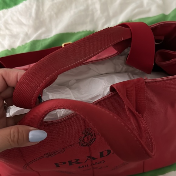 Prada red canopy canvas tote w strap well used needs a dye - Picture 4 of 6